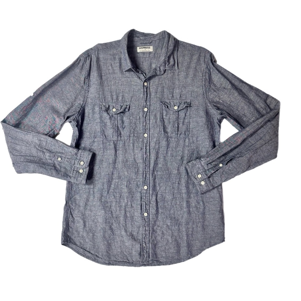 Express Men’s  Dark Blue Denim Casual Button-Down Shirt, L